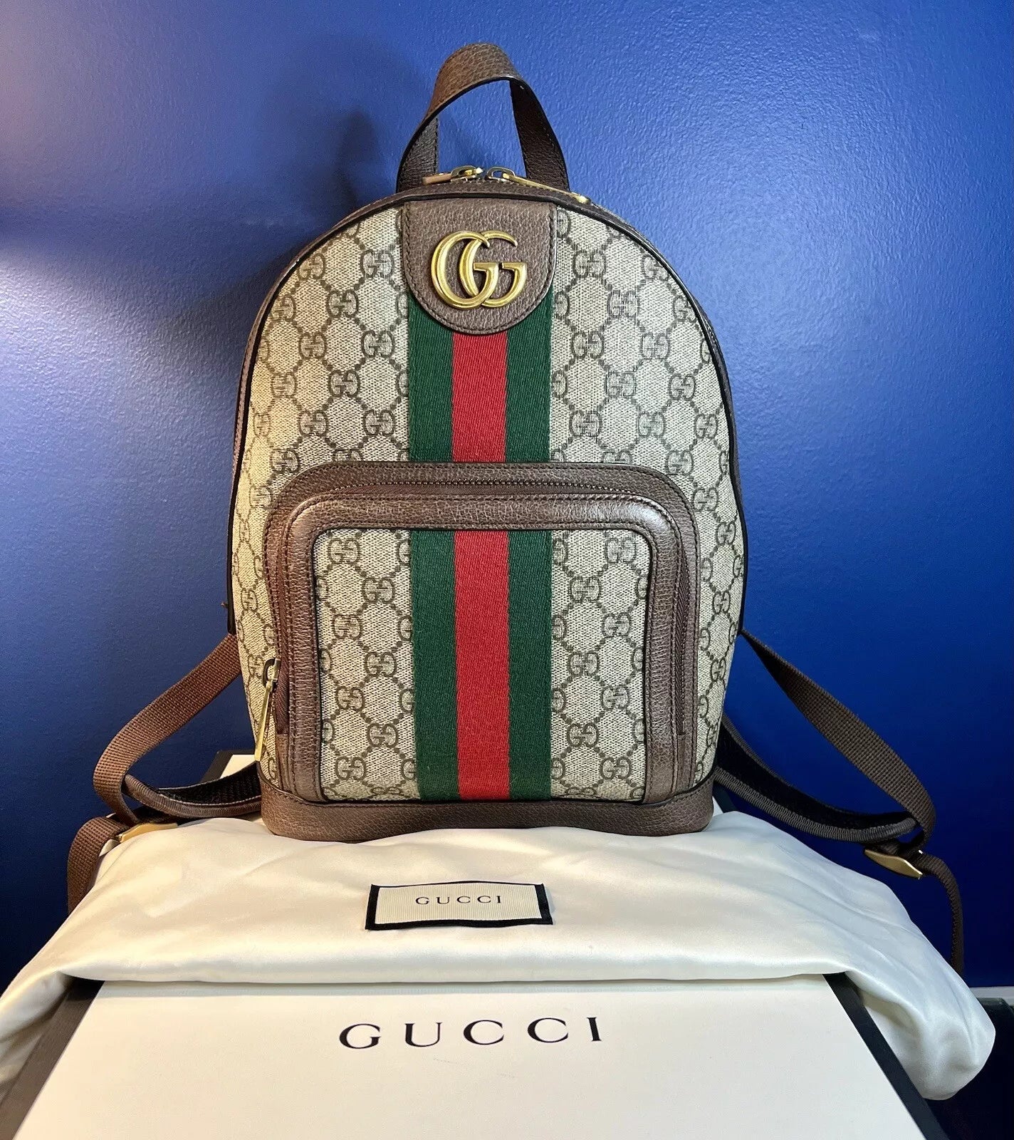 Authentic GUCCI Ophidia GG Supreme Canvas Leather Small Back Pack Black Door Elevations